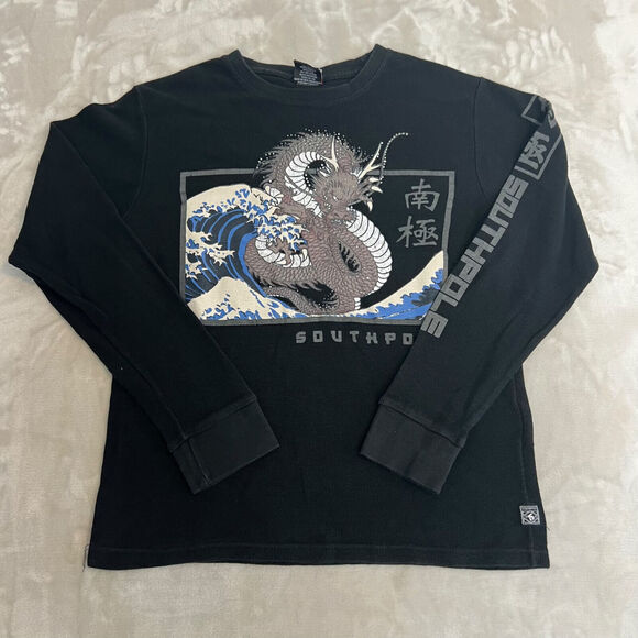 Y2K Southpole Shirt Womens Medium Black Fitted Thermal Waffle Knit Grunge Skater - Picture 1 of 11